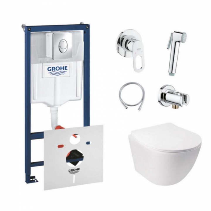 Комплект инсталляция Grohe Rapid SL 38721001 + унитаз с сиденьем Qtap Jay QT07335176W + набор для гигиенического душа со смесителем Grohe BauLoop 111042