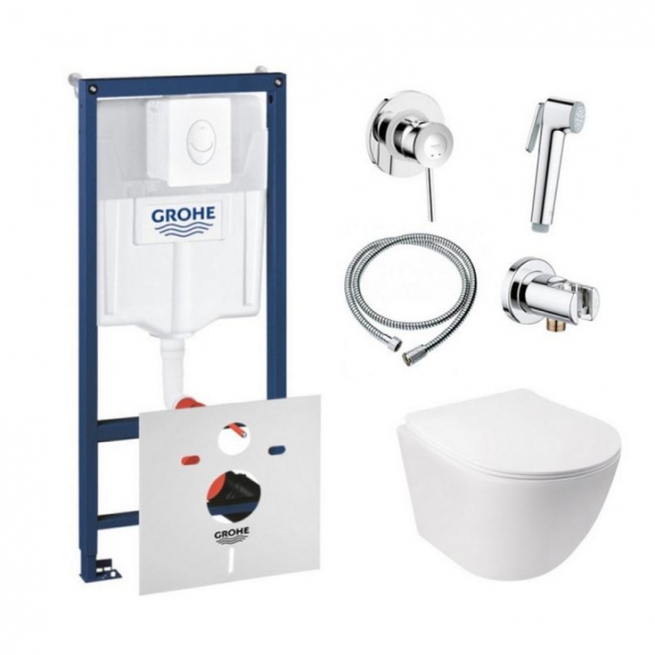 Комплект инсталляция Grohe Rapid SL 38722001 + унитаз с сиденьем Qtap Jay QT07335176W + набор для гигиенического душа со смесителем Grohe BauClassic 111048