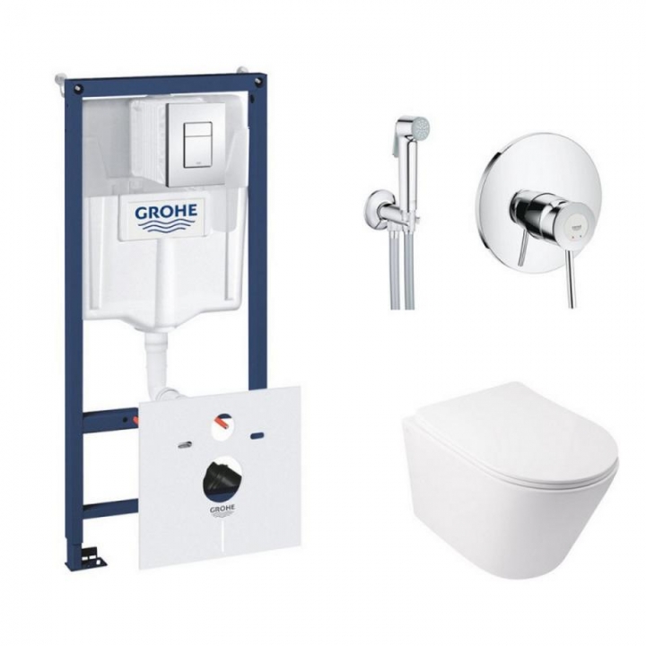 Комплект инсталляция Grohe Rapid SL 38827000 + унитаз с сиденьем Qtap Swan QT16335178W + набор для гигиенического душа со смесителем Grohe BauClassic 2904800S