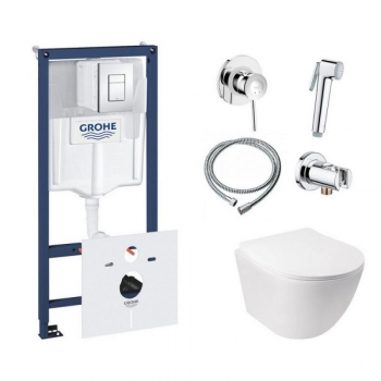 Комплект инсталляция Grohe Rapid SL 38827000 + унитаз с сиденьем Qtap Jay QT07335176W + набор для гигиенического душа со смесителем Grohe BauClassic 111048