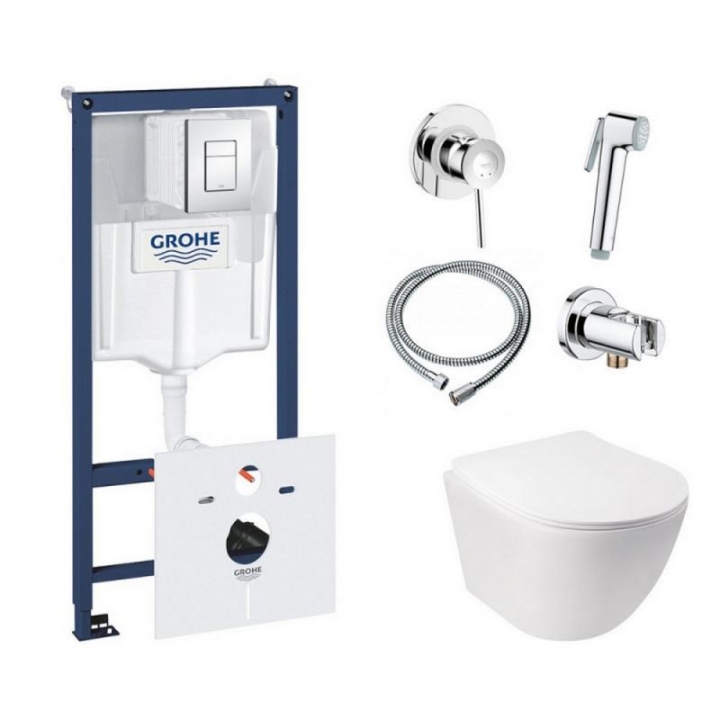 Комплект инсталляция Grohe Rapid SL 38827000 + унитаз с сиденьем Qtap Jay QT07335176W + набор для гигиенического душа со смесителем Grohe BauClassic 111048