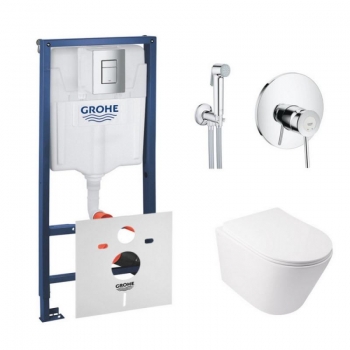 Комплект инсталляция Grohe Rapid SL 38772001 + унитаз с сиденьем Qtap Swan QT16335178W + набор для гигиенического душа со смесителем Grohe BauClassic 2904800S