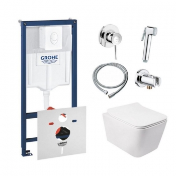 Комплект инсталляция Grohe Rapid SL 38722001 + унитаз с сиденьем Qtap Crow QT05335170W + набор для гигиенического душа со смесителем Grohe BauClassic 111048