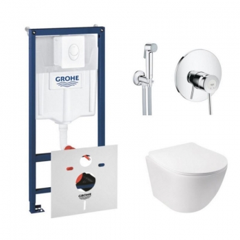 Комплект инсталляция Grohe Rapid SL 38722001 + унитаз с сиденьем Qtap Jay QT07335176W + набор для гигиенического душа со смесителем Grohe BauClassic 2904800S