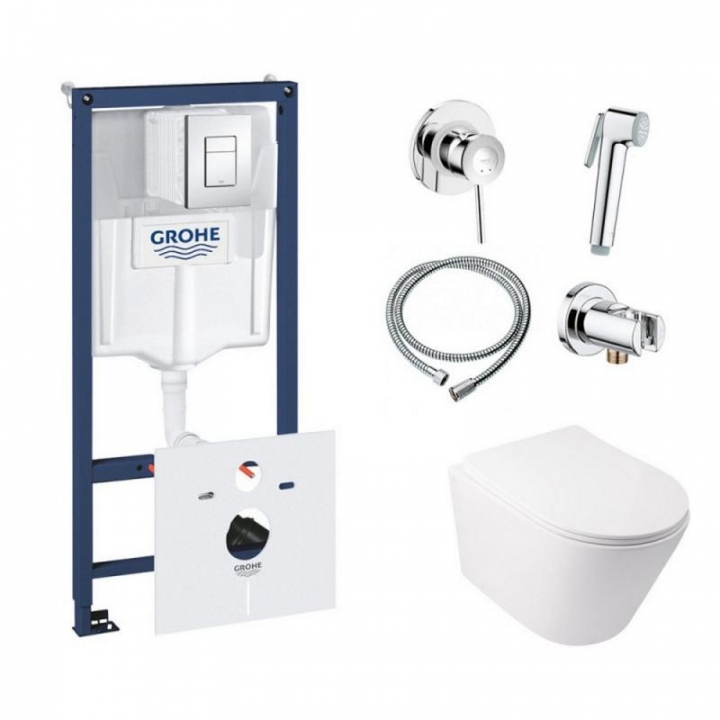 Комплект инсталляция Grohe Rapid SL 38827000 + унитаз с сиденьем Qtap Swan QT16335178W + набор для гигиенического душа со смесителем Grohe BauClassic 111048