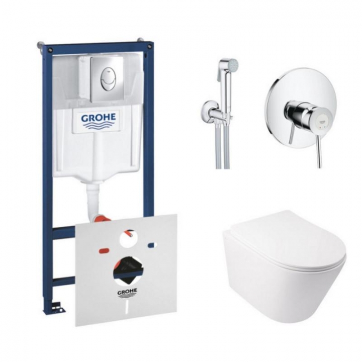 Комплект инсталляция Grohe Rapid SL 38721001 + унитаз с сиденьем Qtap Swan QT16335178W + набор для гигиенического душа со смесителем Grohe BauClassic 2904800S