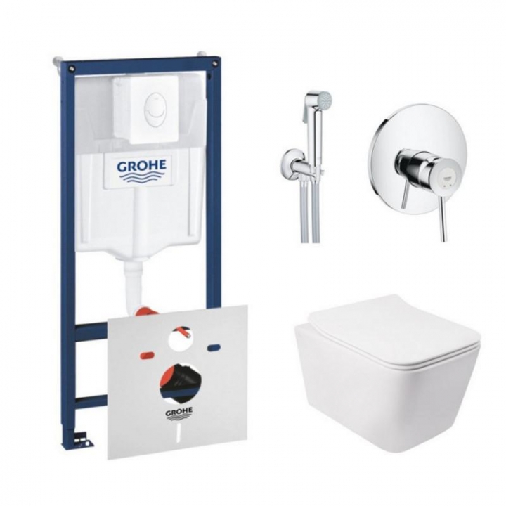 Комплект инсталляция Grohe Rapid SL 38722001 + унитаз с сиденьем Qtap Crow QT05335170W + набор для гигиенического душа со смесителем Grohe BauClassic 2904800S