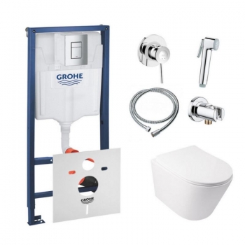 Комплект инсталляция Grohe Rapid SL 38772001 + унитаз с сиденьем Qtap Swan QT16335178W + набор для гигиенического душа со смесителем Grohe BauClassic 111048