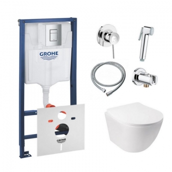 Комплект инсталляция Grohe Rapid SL 38772001 + унитаз с сиденьем Qtap Jay QT07335176W + набор для гигиенического душа со смесителем Grohe BauClassic 111048