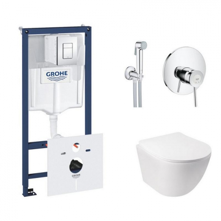 Комплект инсталляция Grohe Rapid SL 38827000 + унитаз с сиденьем Qtap Jay QT07335176W + набор для гигиенического душа со смесителем Grohe BauClassic 2904800S